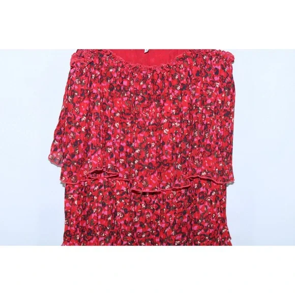 Ganni Women's Size 34 Red Tiered Floral Plisse-Chiffon Midi Dress